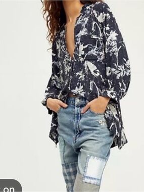 Free People Black & White Floral V-Neck Tunic